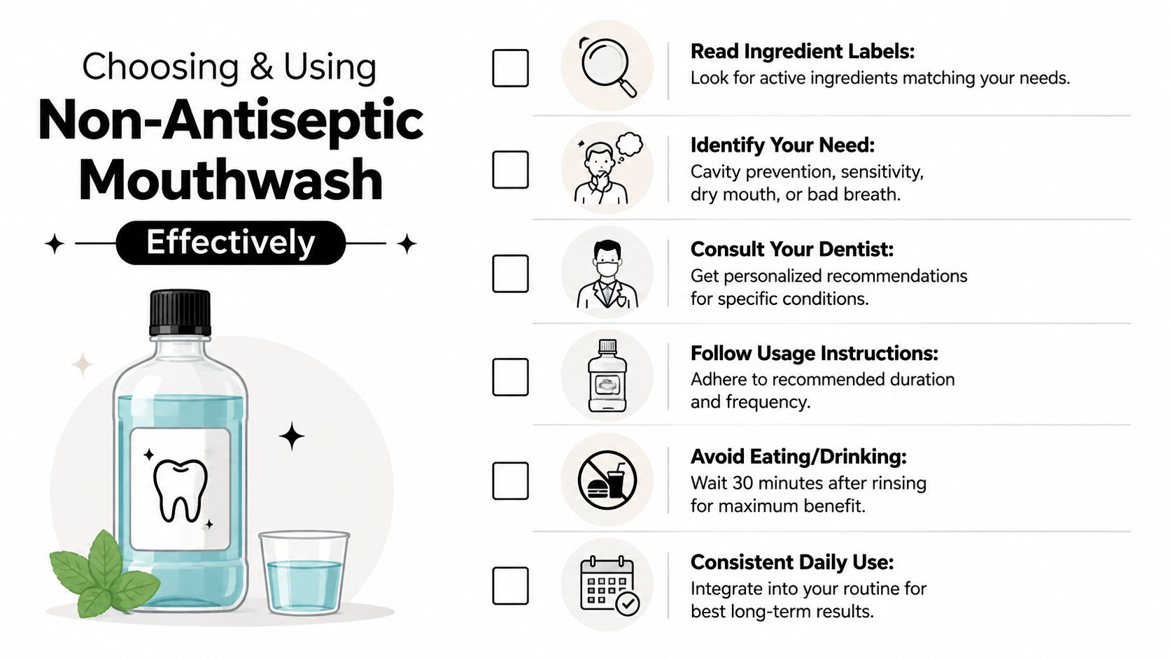 An infographic titled Choosing and Using Non-Antiseptic Mouthwash Effectively with six steps for proper oral hygiene.