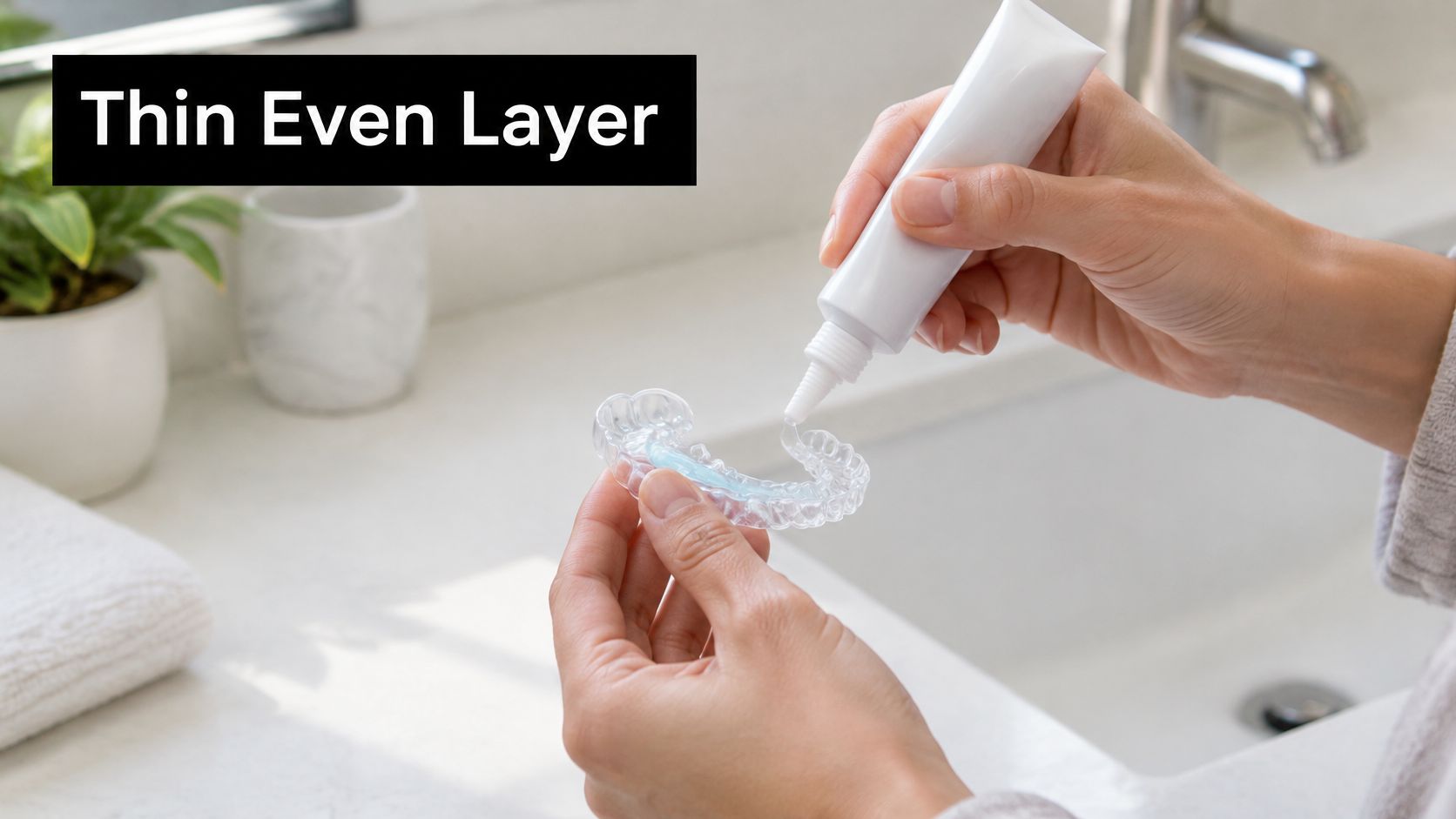 A person applying a thin, even layer of gel to a clear dental aligner tray.