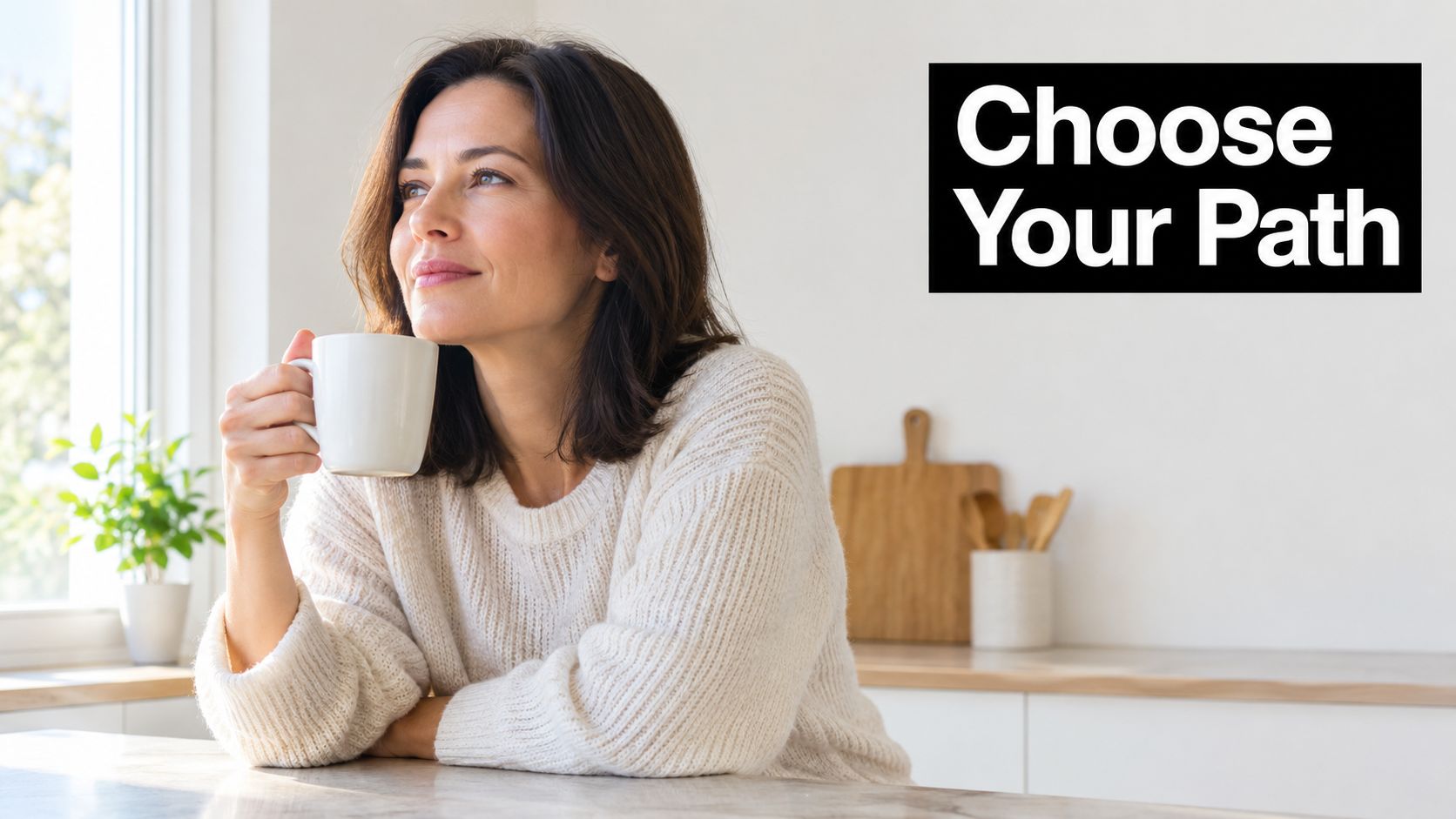 A woman in a cozy sweater holds a mug of coffee while looking away pensively at home.