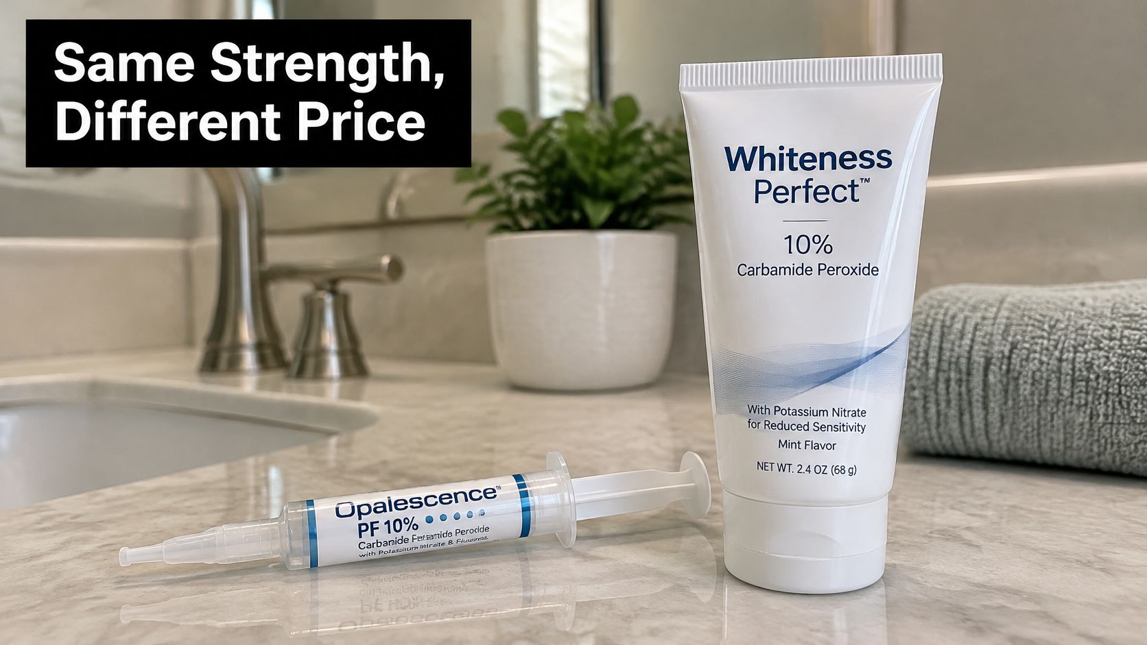 A side-by-side comparison of an Opalescence 10% carbamide peroxide syringe and a Whiteness Perfect 10% tube.