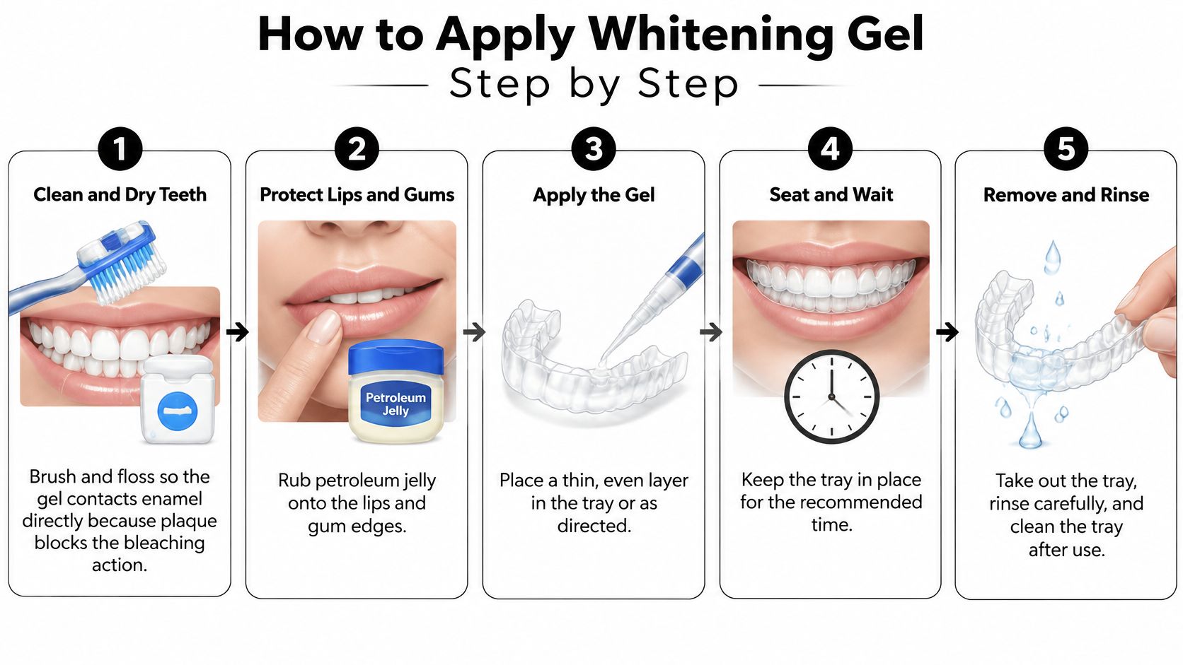 A five-step instructional guide on how to correctly apply whitening gel using a dental tray.