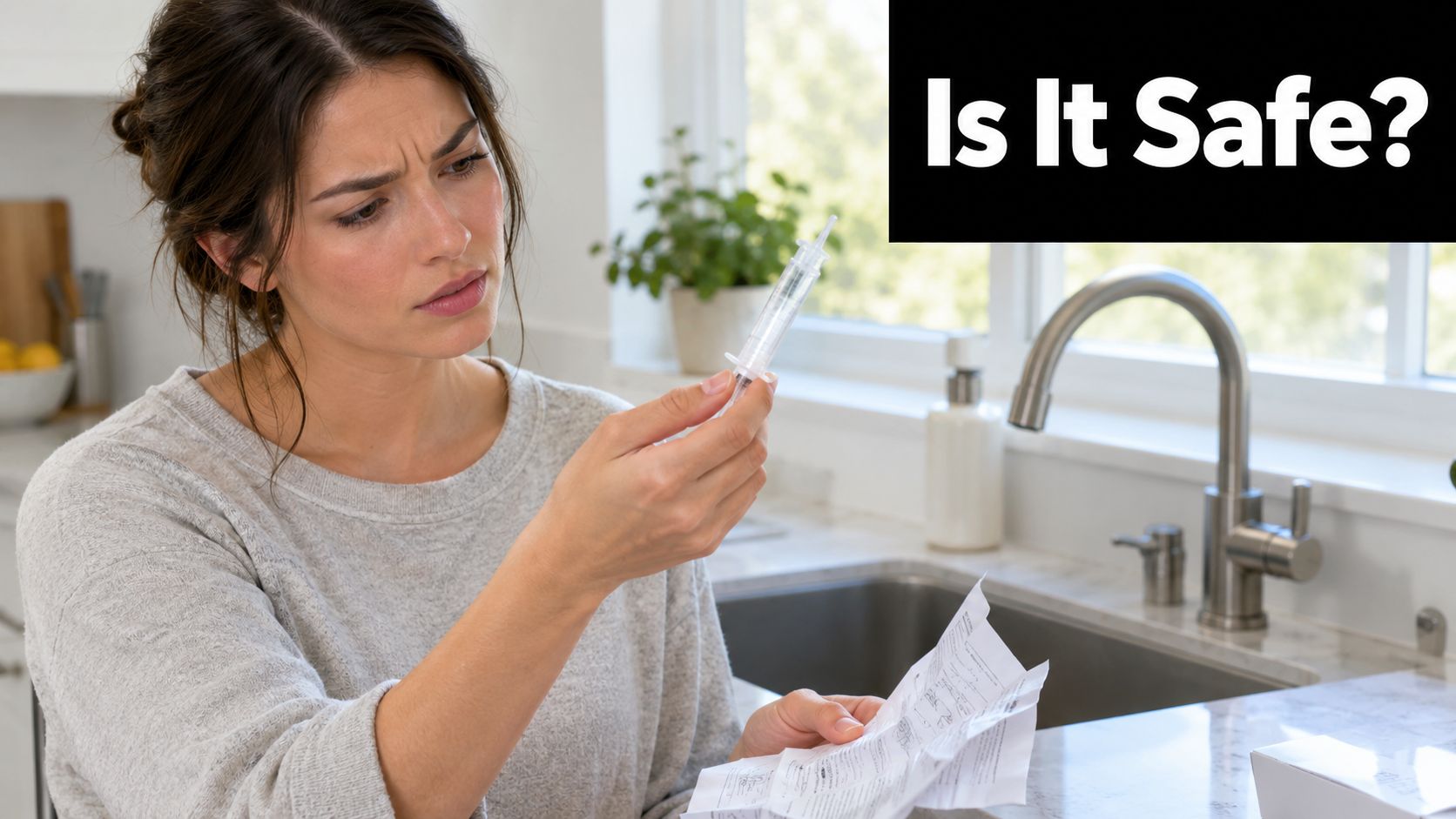 A concerned woman reads instructions while holding a teeth whitening syringe in a bright, modern kitchen.