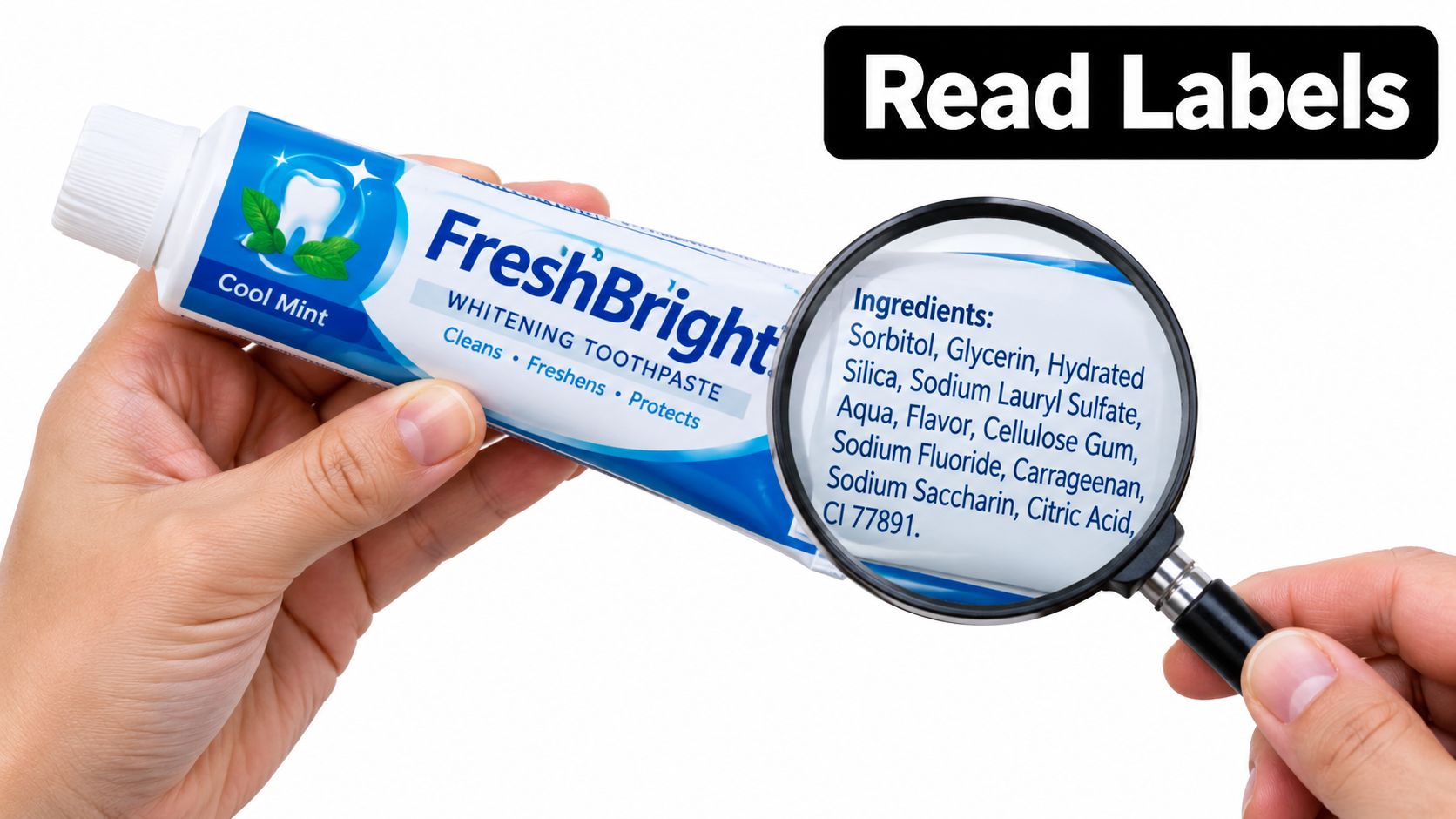 A hand holding a tube of FreshBright toothpaste and inspecting the ingredients list with a magnifying glass.