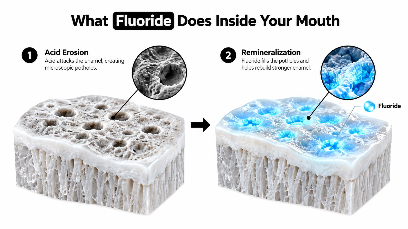 A diagram illustrating how fluoride repairs tooth enamel through acid erosion and the remineralization process.