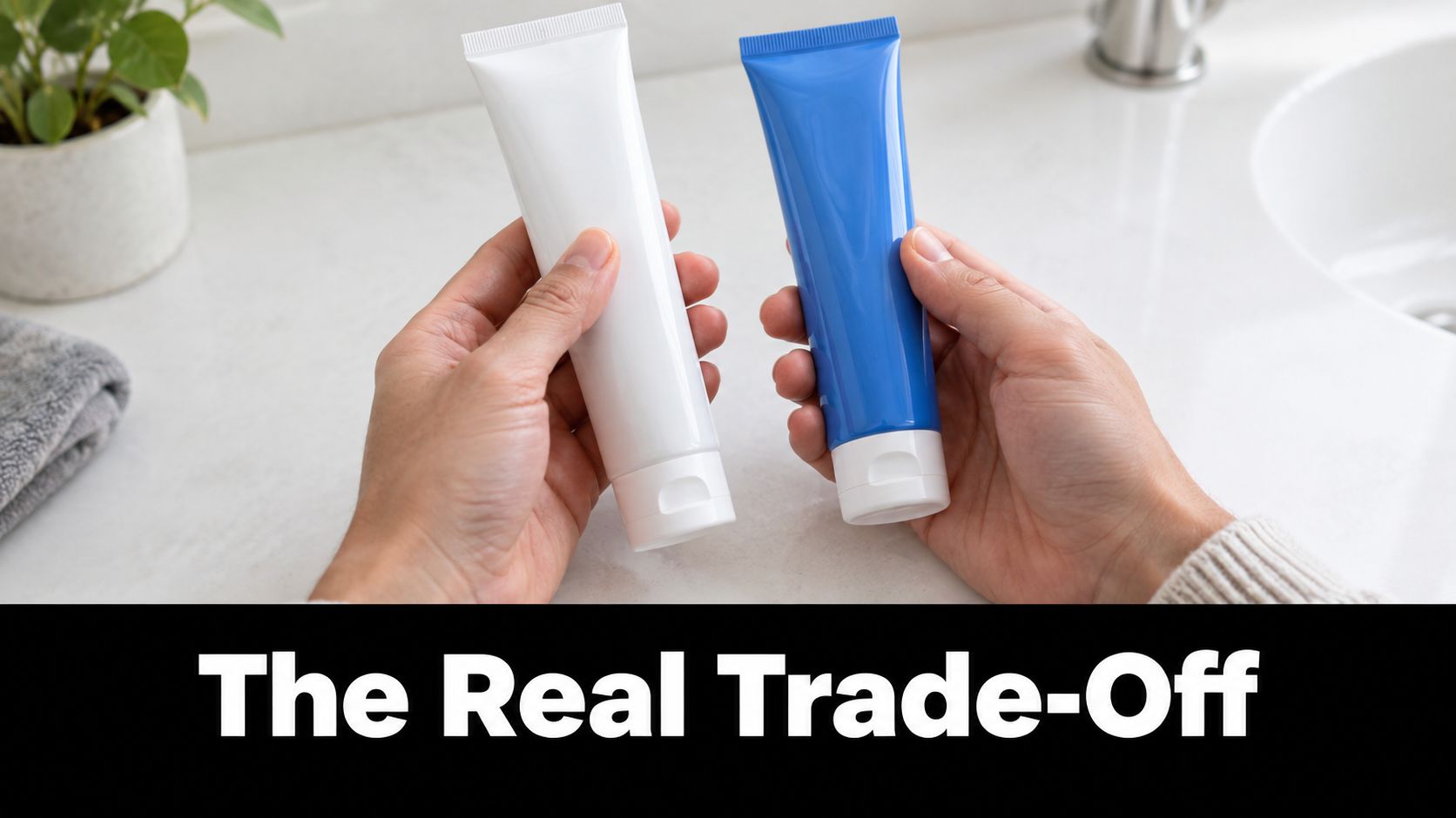 A person holding a white and a blue tube of product over a bathroom sink counter.