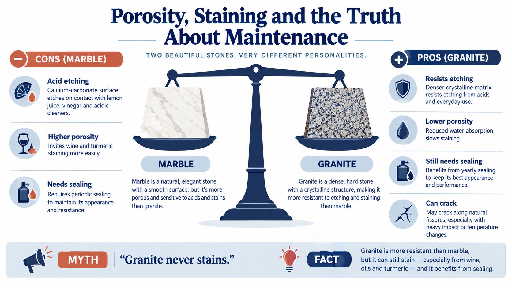 A comparison chart showing the differences between marble and granite regarding porosity, staining, and maintenance requirements.