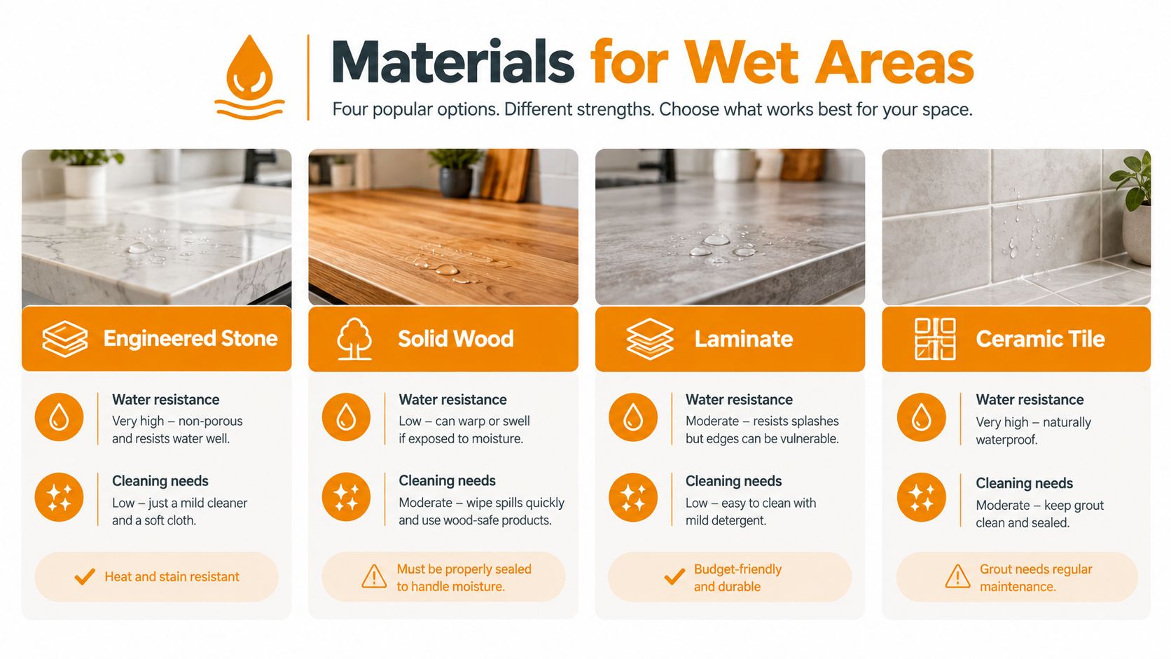 A comparison chart showing four kitchen countertop materials: engineered stone, solid wood, laminate, and ceramic tile.