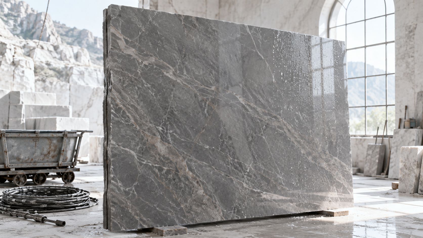 A large polished slab of grey Armani marble resting on blocks inside a bright stone processing workshop.