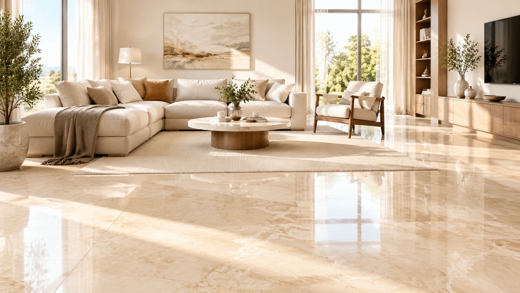 A luxurious, sun-lit living room featuring beige marble flooring, a modern cream sectional sofa, and floor-to-ceiling windows.