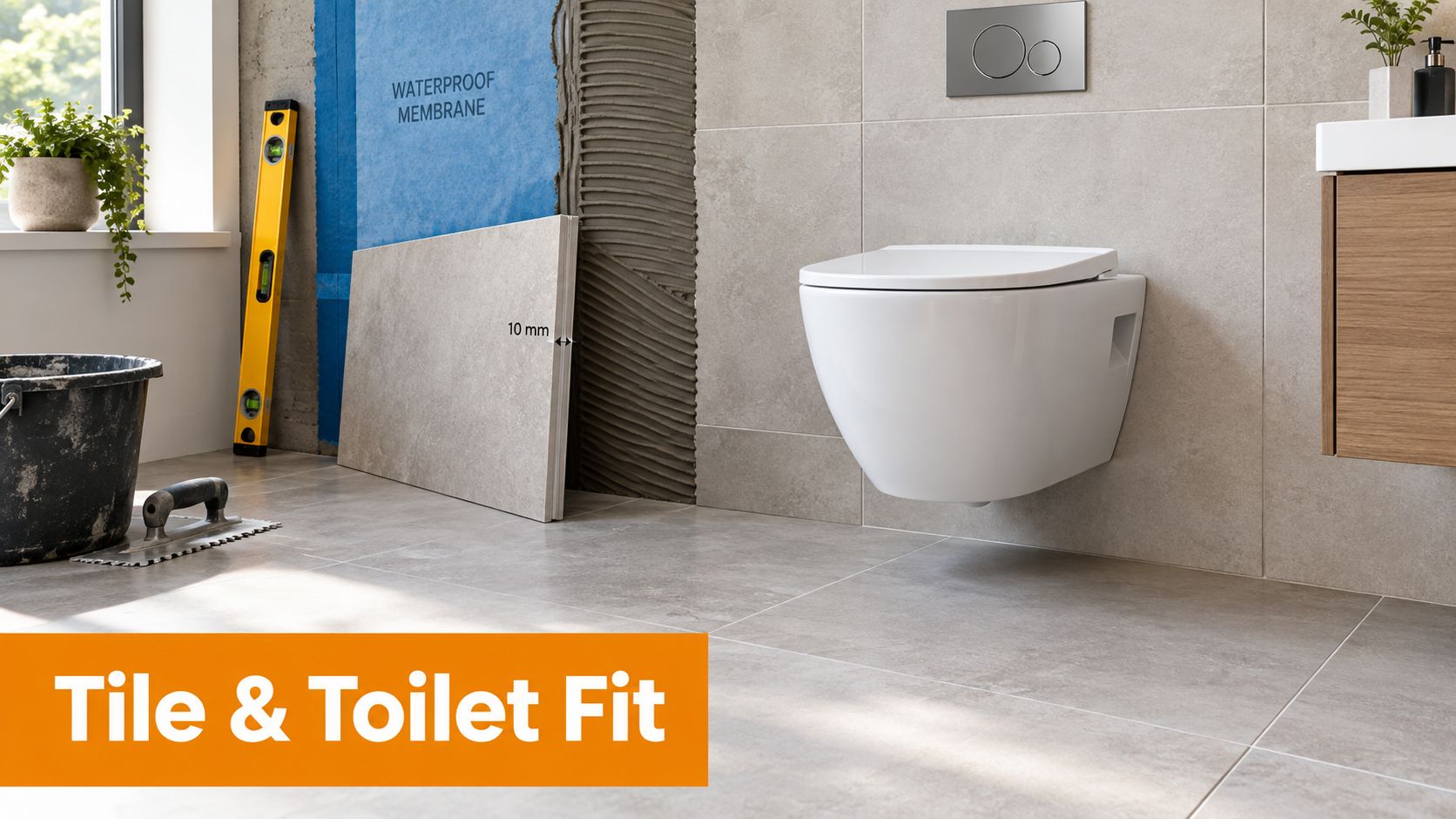 Installation of a wall hung toilet showing tiled bathroom walls and a waterproof membrane behind the tiles.