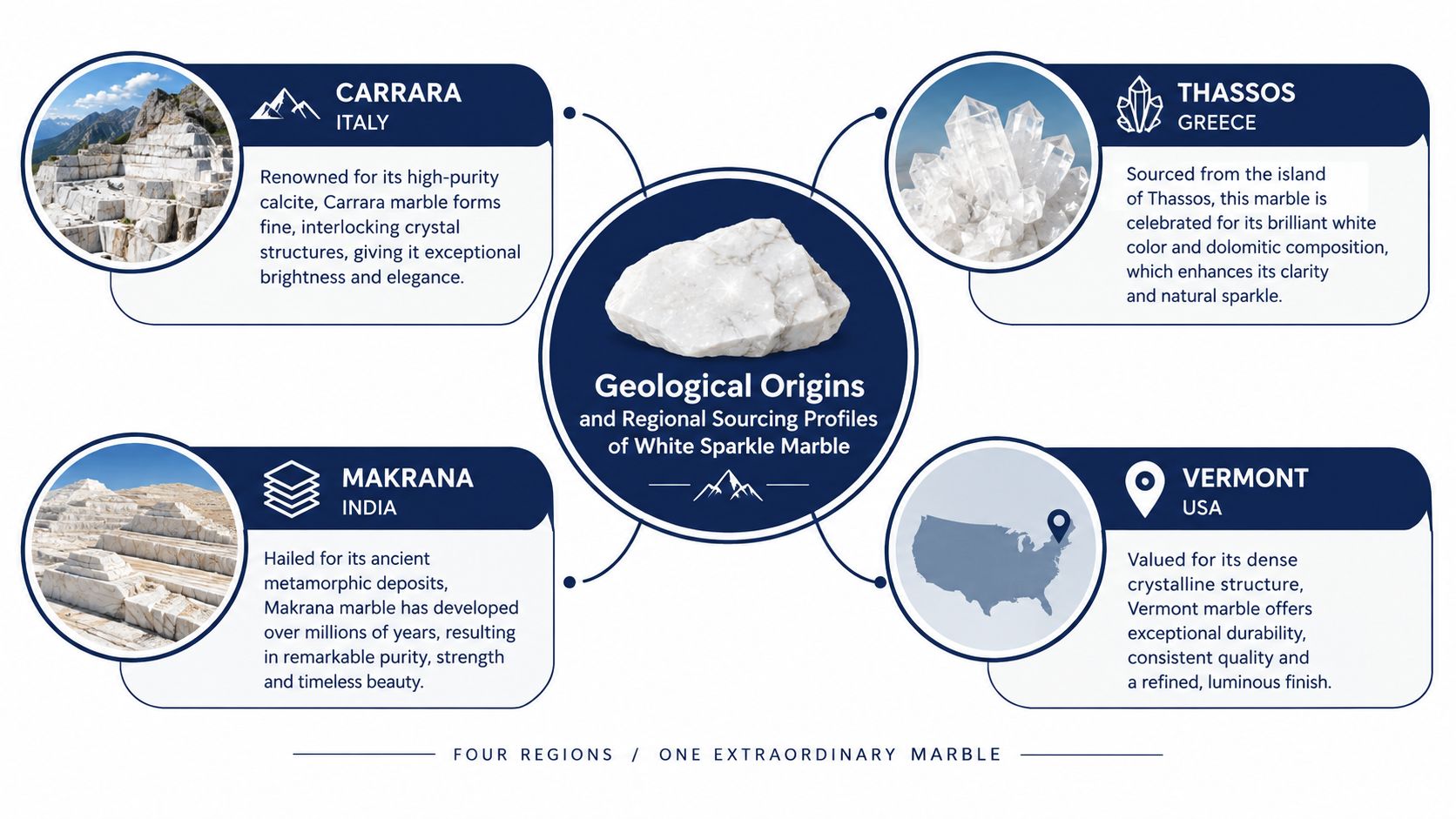 An infographic detailing the geological origins and sourcing profiles of white sparkle marble from four world regions.