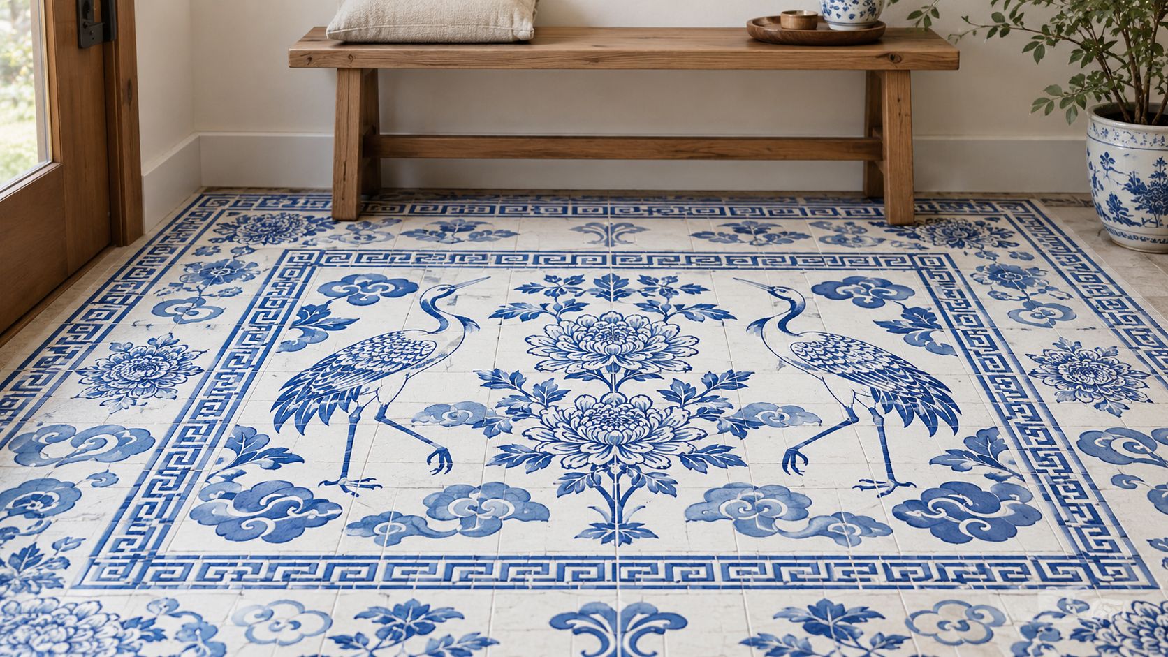 A luxurious room features a stunning blue and white hand-painted ceramic tile floor with crane and floral patterns.