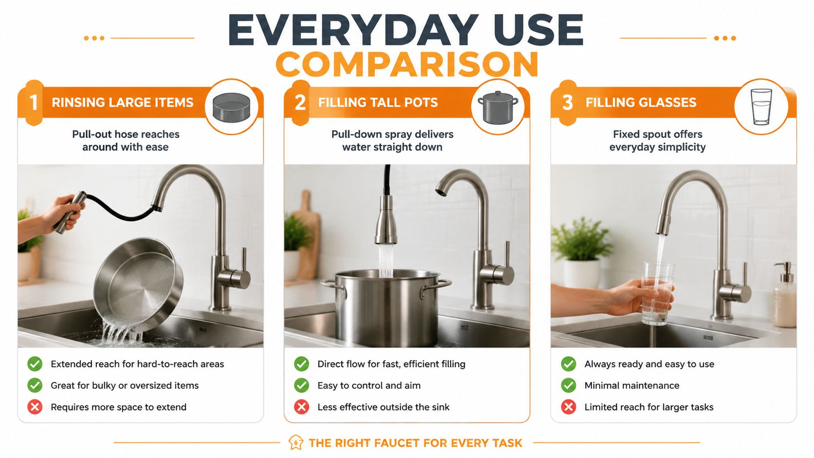 A comparison chart showing three types of kitchen faucets for rinsing, filling pots, and filling glasses.