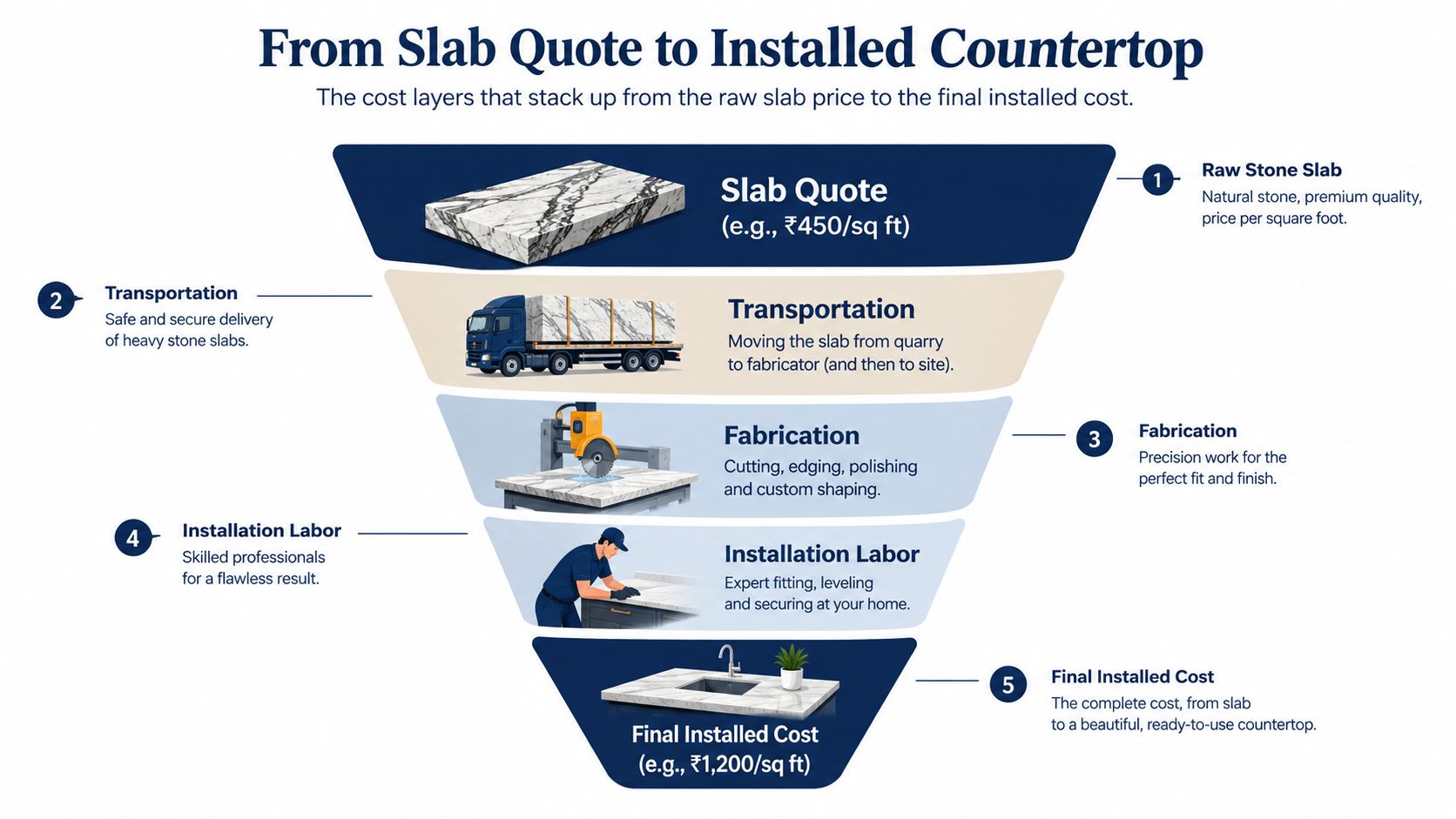 A funnel diagram explaining the cost components from raw stone slab pricing to final installed countertop cost.