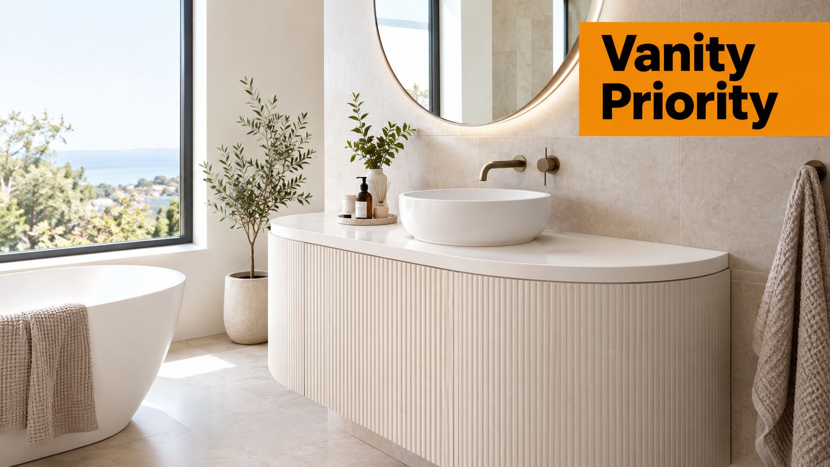 A modern curved bathroom vanity featuring a white basin and ribbed cabinet doors in a sunny room.