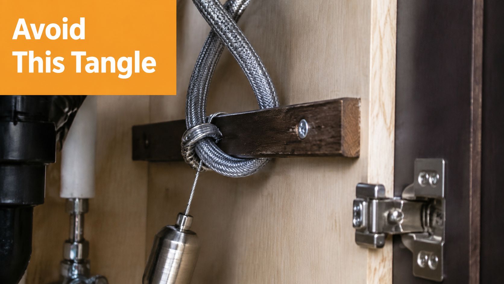 A braided kitchen faucet hose tangled around a wooden block inside a kitchen cabinet under a sink.