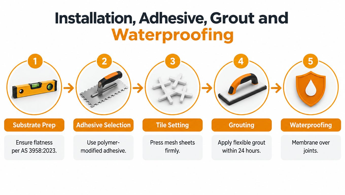 An infographic showing a five-step process for installing porcelain mosaic tiles, including preparation, adhesive, setting, grouting, and waterproofing.