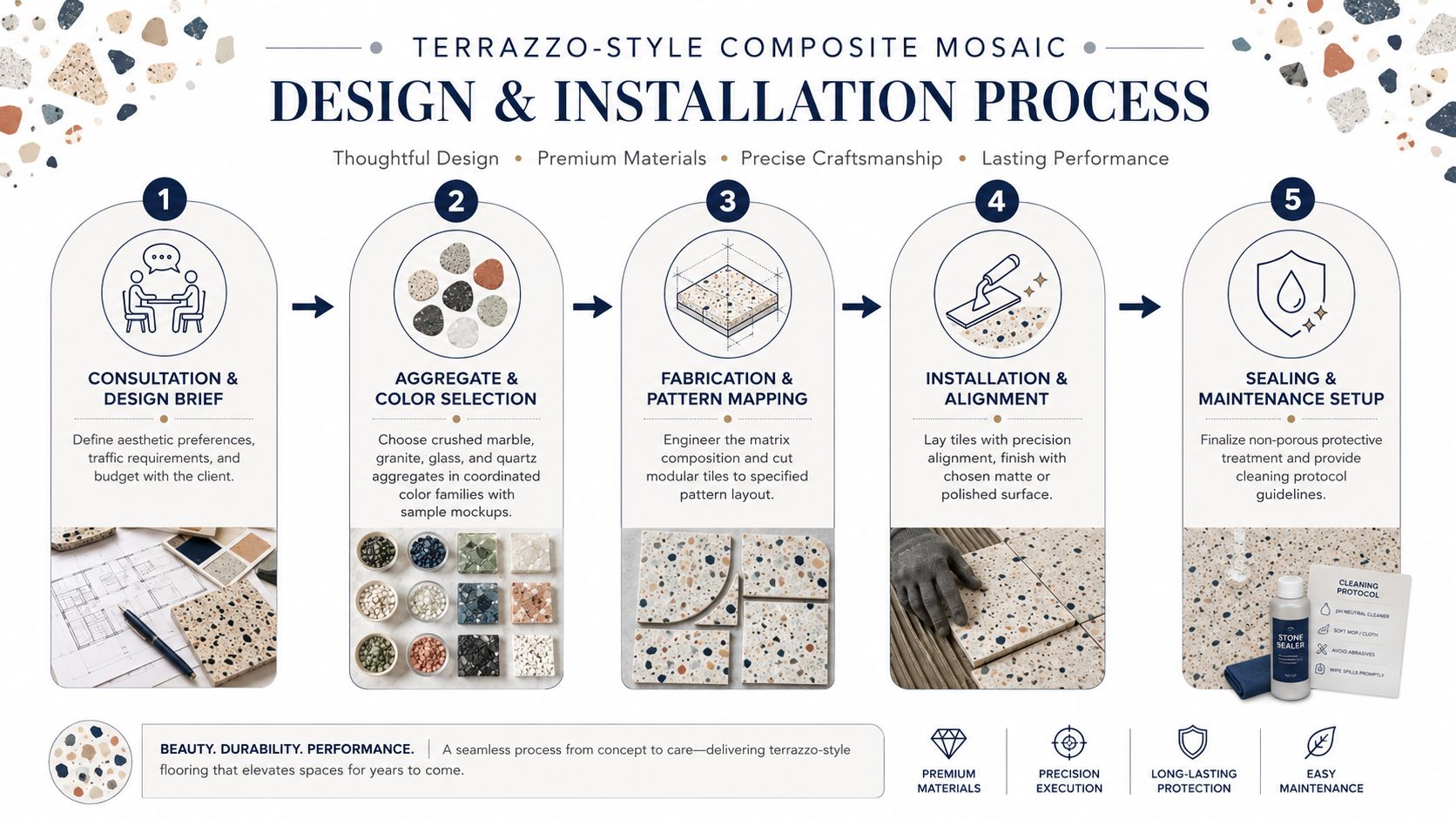 A step-by-step infographic showing the design and installation process for custom terrazzo composite mosaic flooring tiles.