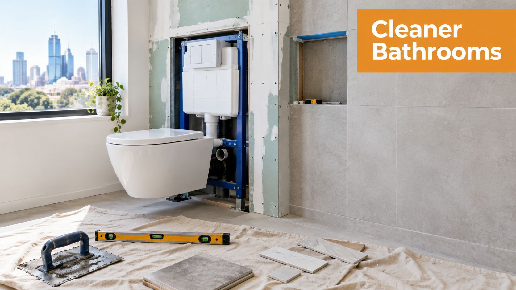 A modern wall hung toilet installation in progress within a bathroom under renovation with city view.