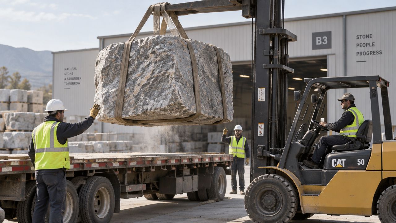 A forklift driver and workers loading a large, rough granite block onto a flatbed trailer outdoors.