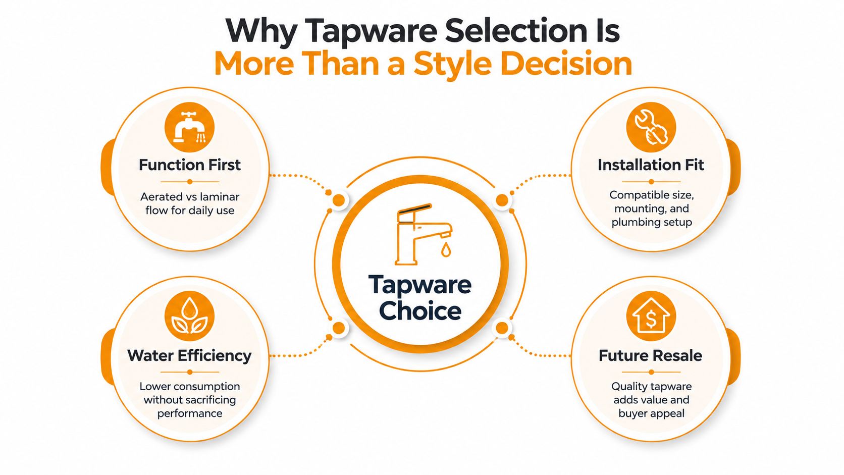 An infographic titled Why Tapware Selection Is More Than a Style Decision showing four key selection factors.
