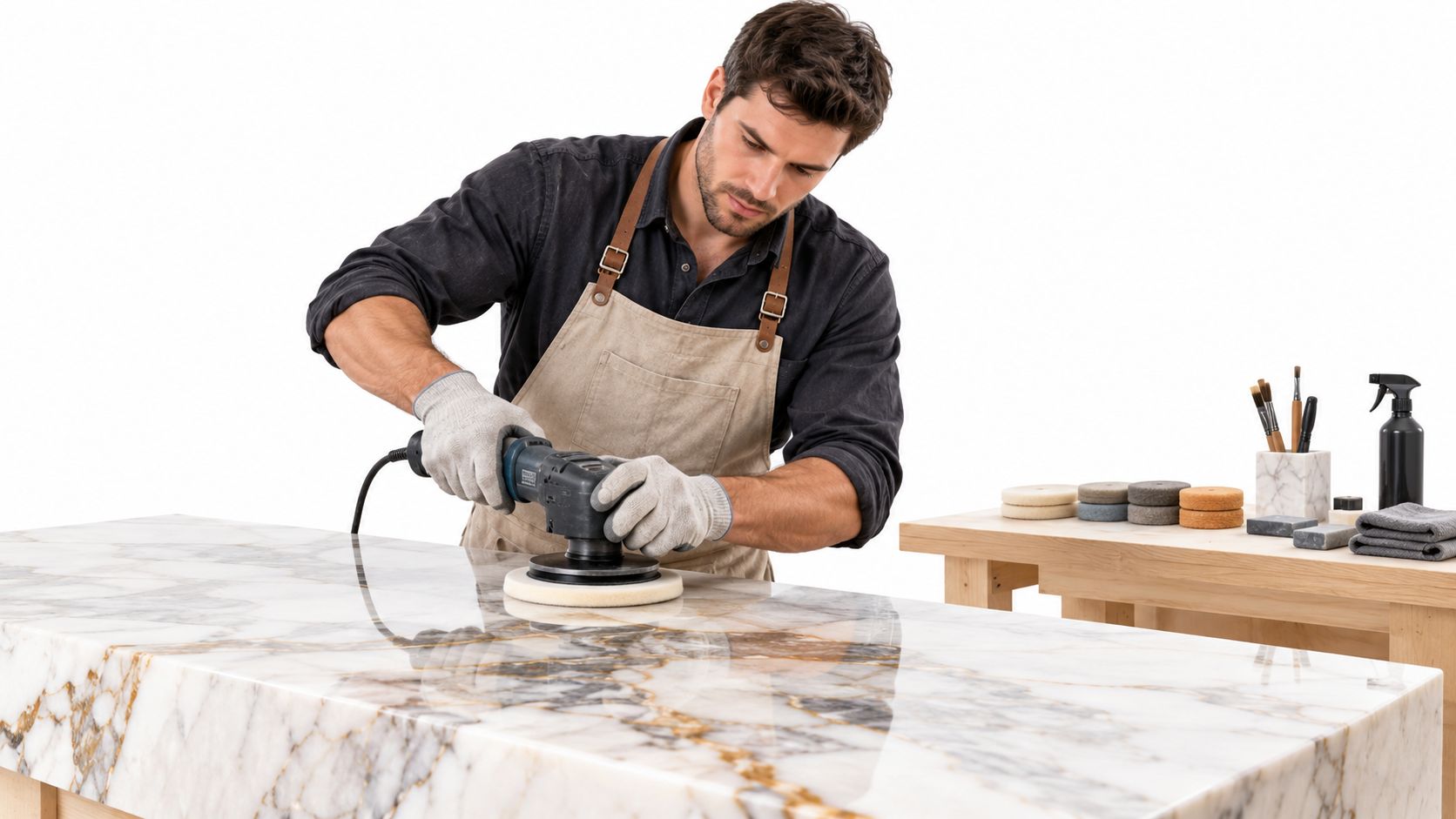 A professional craftsman polishing a luxurious white marble countertop with an industrial power sander in his workshop.