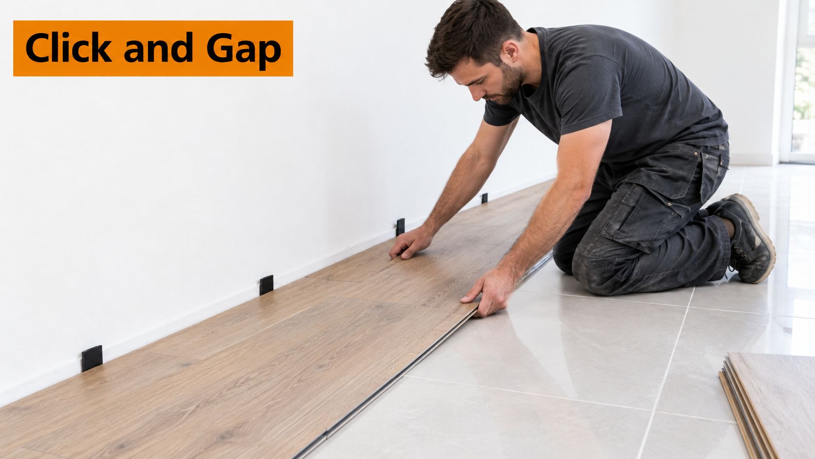 A professional tradesman installing click-lock hybrid flooring planks over existing light-colored ceramic tiles in a home.