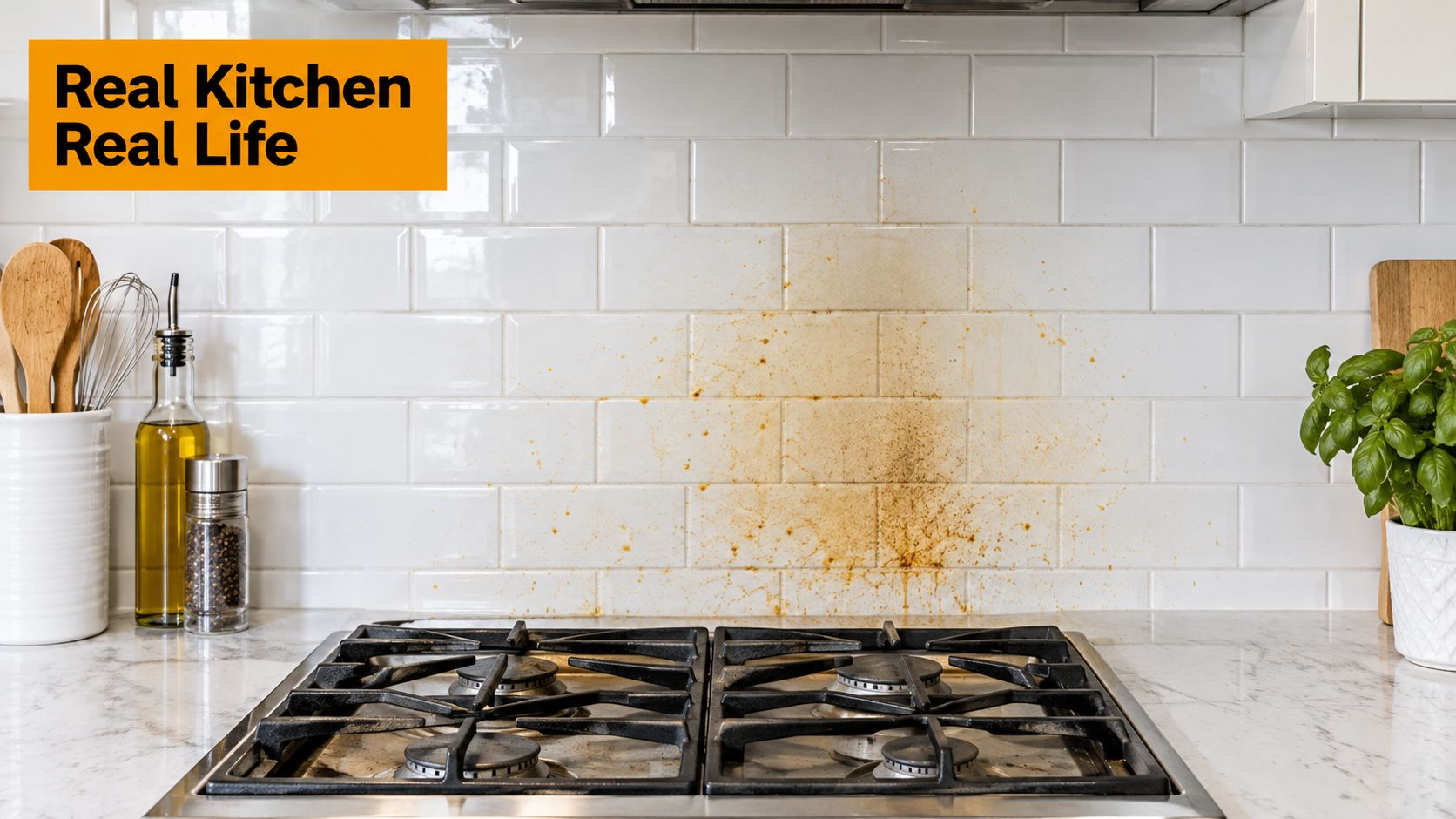 A dirty white subway tile kitchen backsplash featuring grease splatter and food stains above a gas stove.