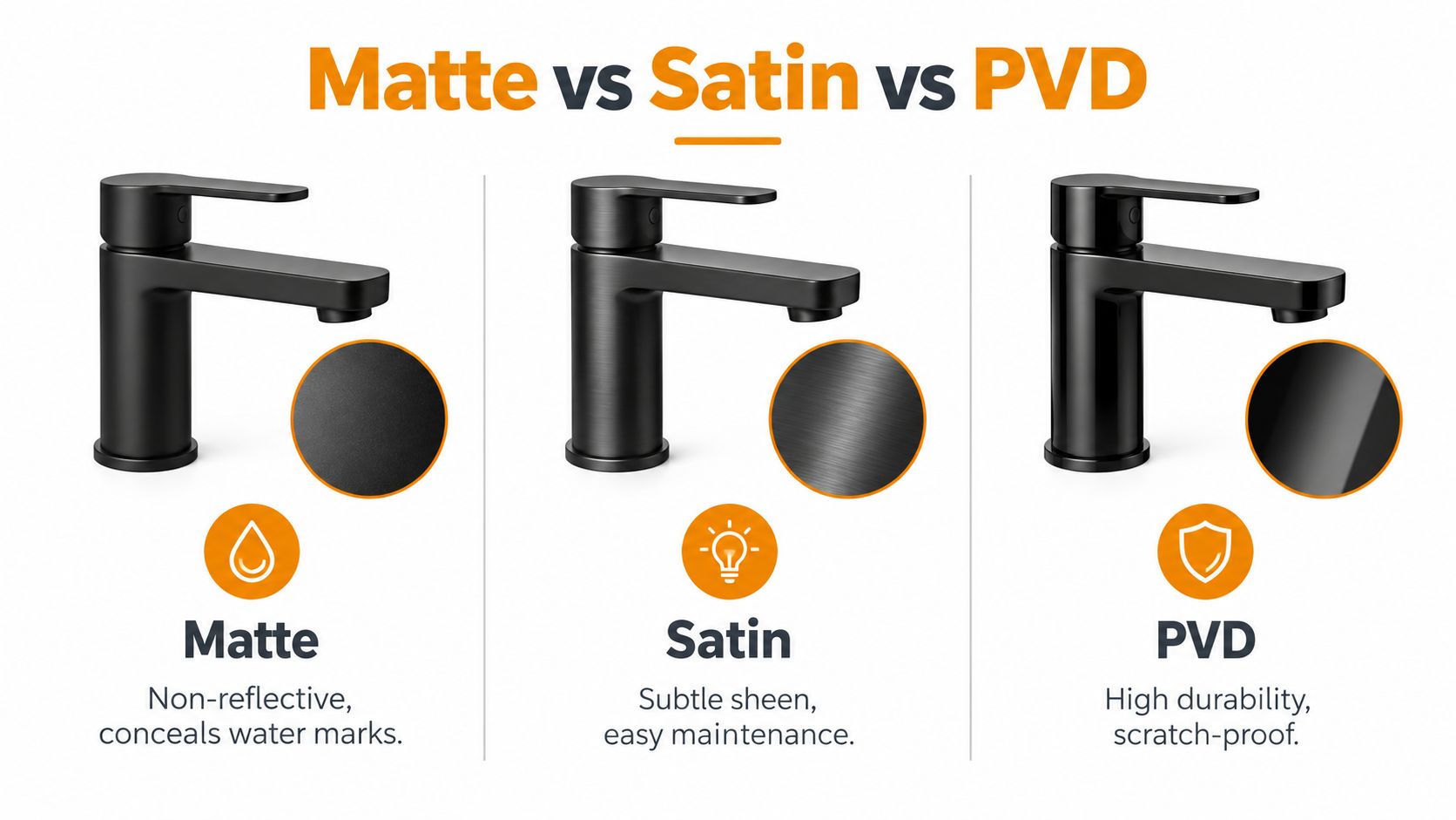A comparison chart showing Matte, Satin, and PVD black tapware finishes, highlighting their unique textures and benefits.