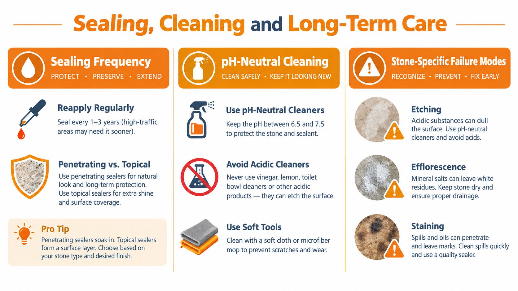 An infographic titled Sealing, Cleaning and Long-Term Care for stone surfaces with practical advice and warnings.