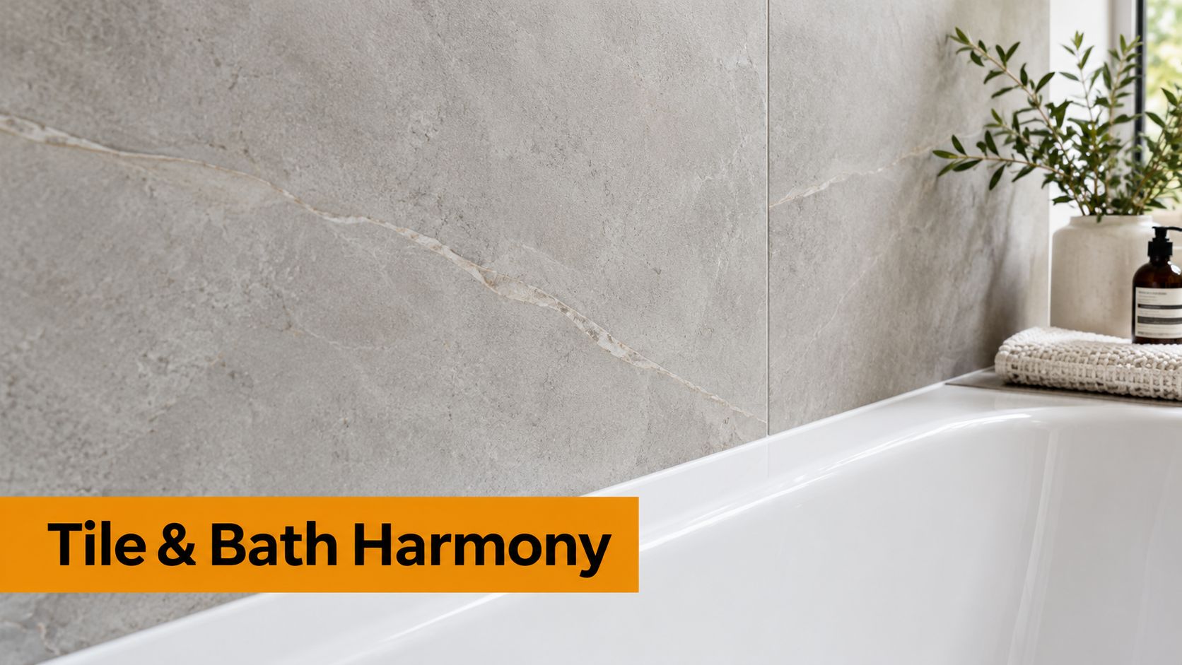 A close-up of a modern, light gray stone-textured tiled bathroom wall above a clean white bathtub.