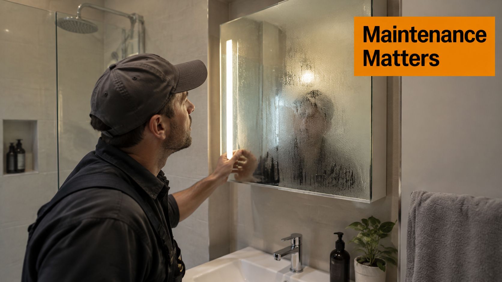 A professional maintenance worker inspecting a recessed LED shaving cabinet in a modern, fogged bathroom.