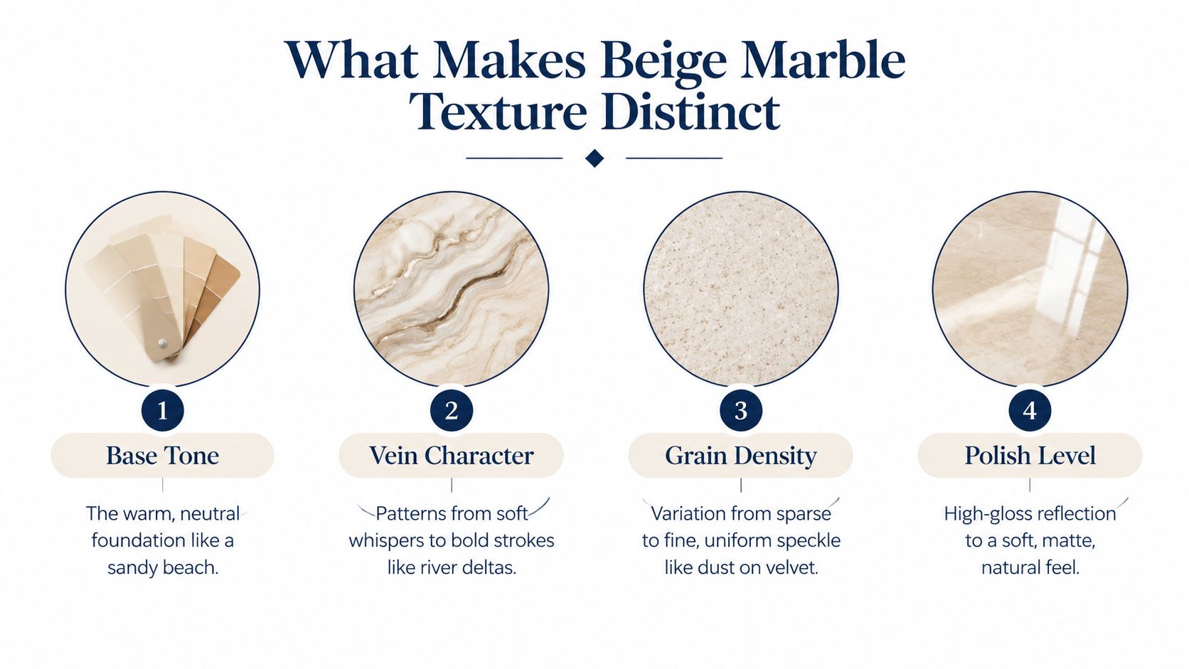 An infographic detailing four distinct features of beige marble texture including base tone, vein character, grain density, and polish level.