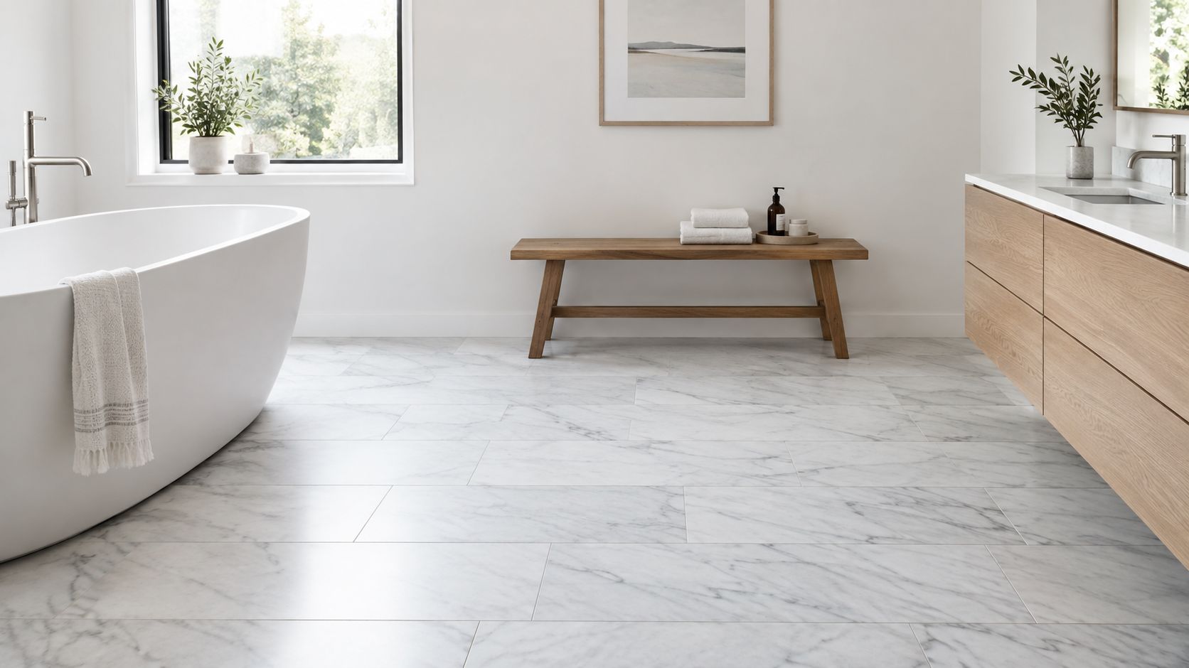 A modern bathroom featuring a white soaking tub, marble stone flooring, a wooden bench, and light oak vanity.
