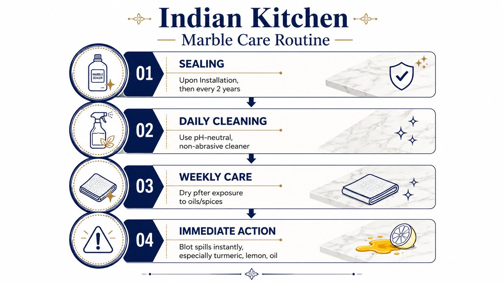 An infographic titled Indian Kitchen Marble Care Routine illustrating four essential steps for maintaining marble countertops.