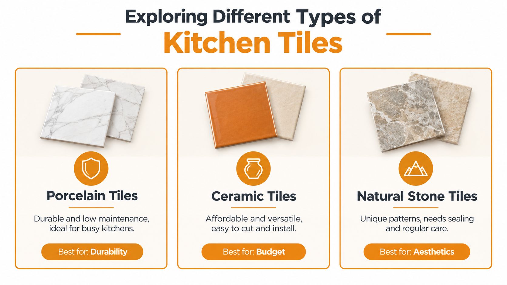 A comparison chart showing three types of kitchen tiles: porcelain, ceramic, and natural stone.