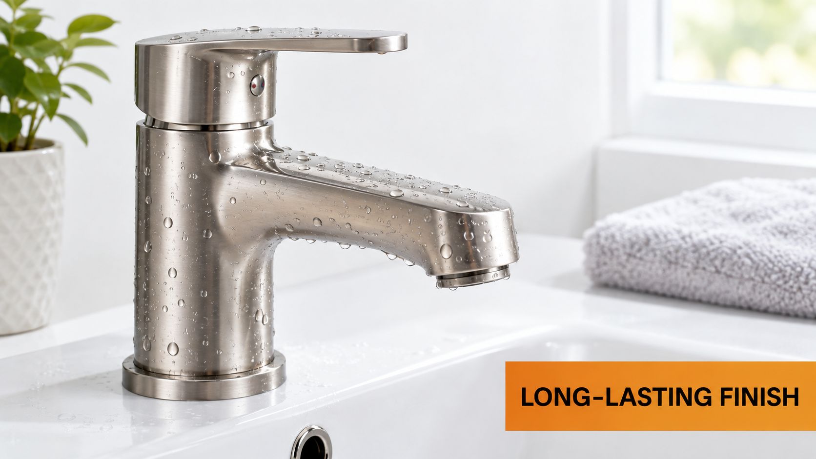 A modern stainless steel bathroom faucet with water droplets sitting on a clean white sink basin.