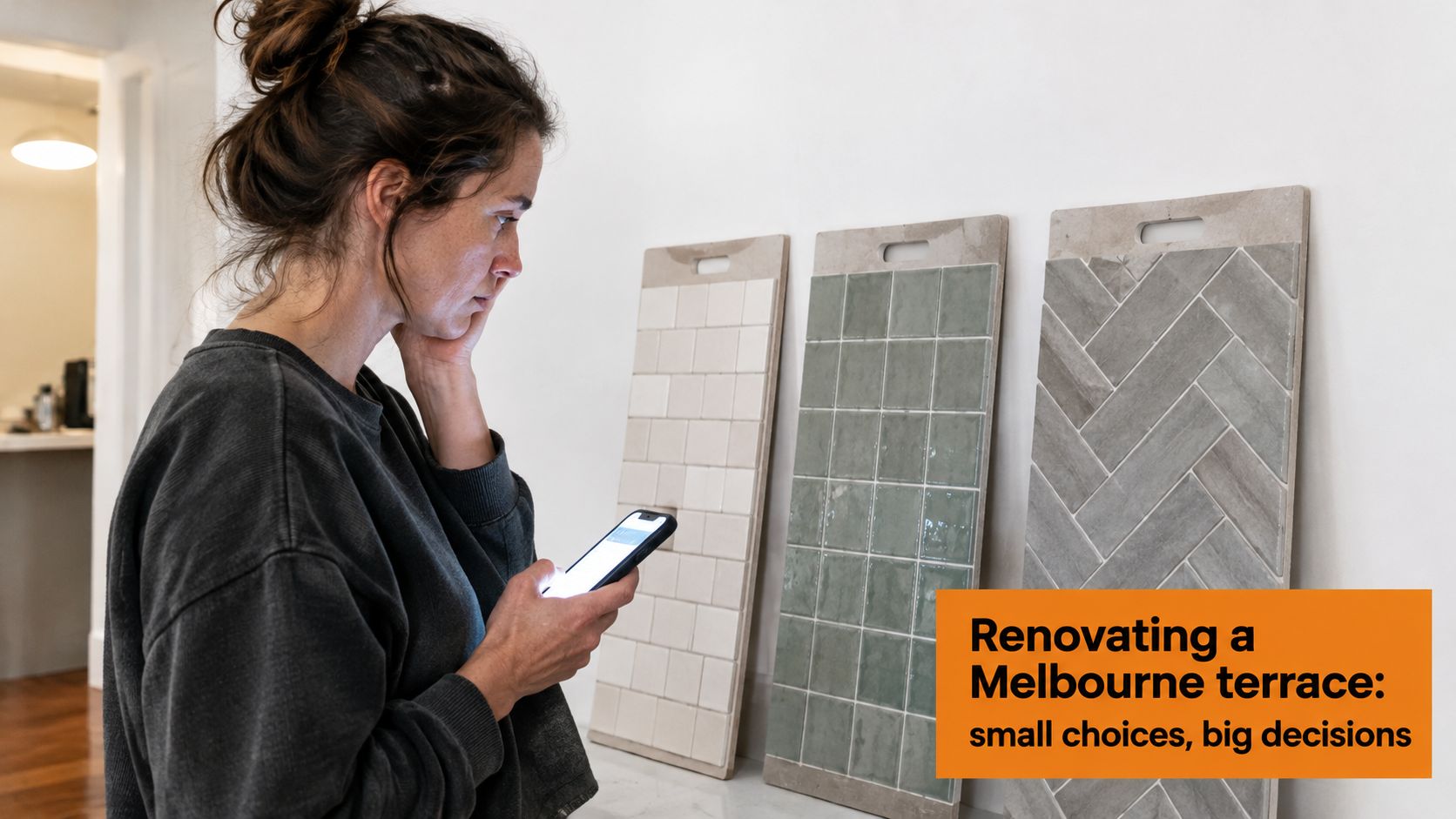 A woman looks at her smartphone while considering three different tile samples for her home renovation project.