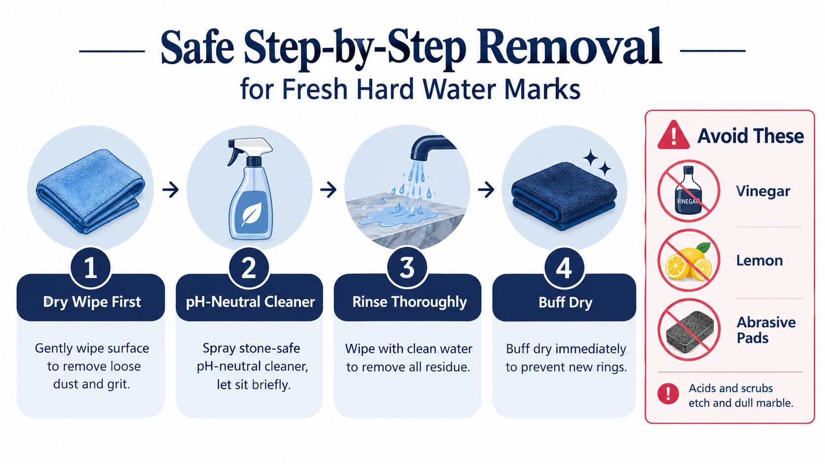 A four-step guide infographic for safely removing fresh hard water marks from marble surfaces using pH-neutral cleaners.