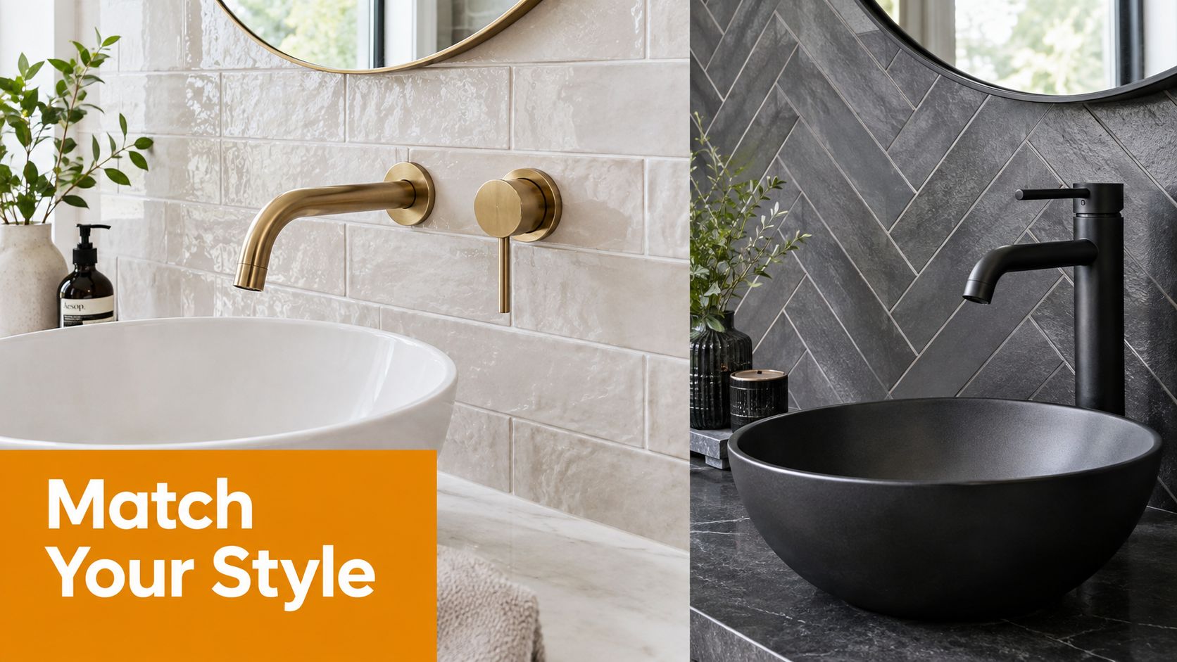 A split-view image showcasing two different modern bathroom styles featuring elegant tapware and vessel sinks.