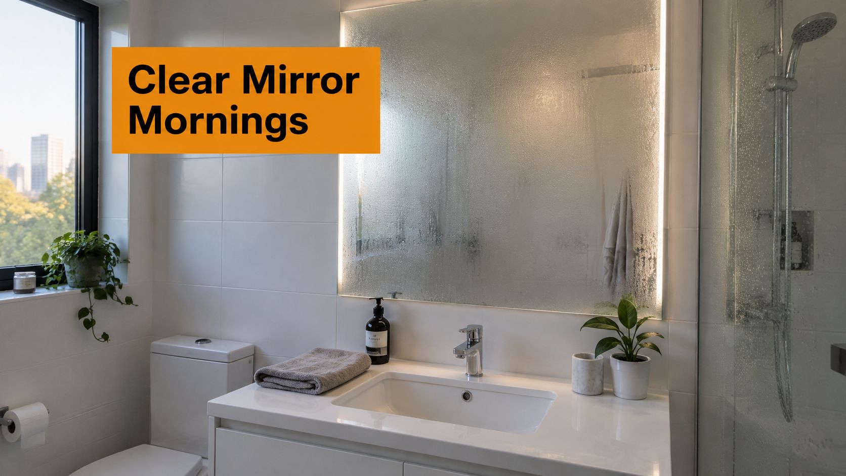 A clean modern bathroom featuring a white vanity with a fogged LED mirror and a nearby shower.