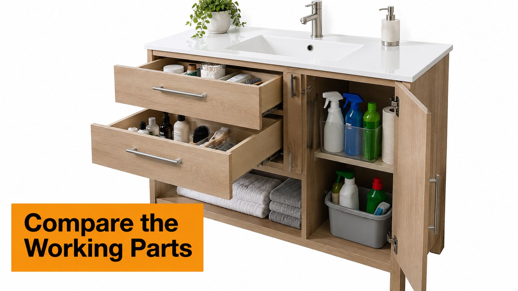 A wooden bathroom vanity with open drawers and cabinet doors showing organized storage and white countertop sink.