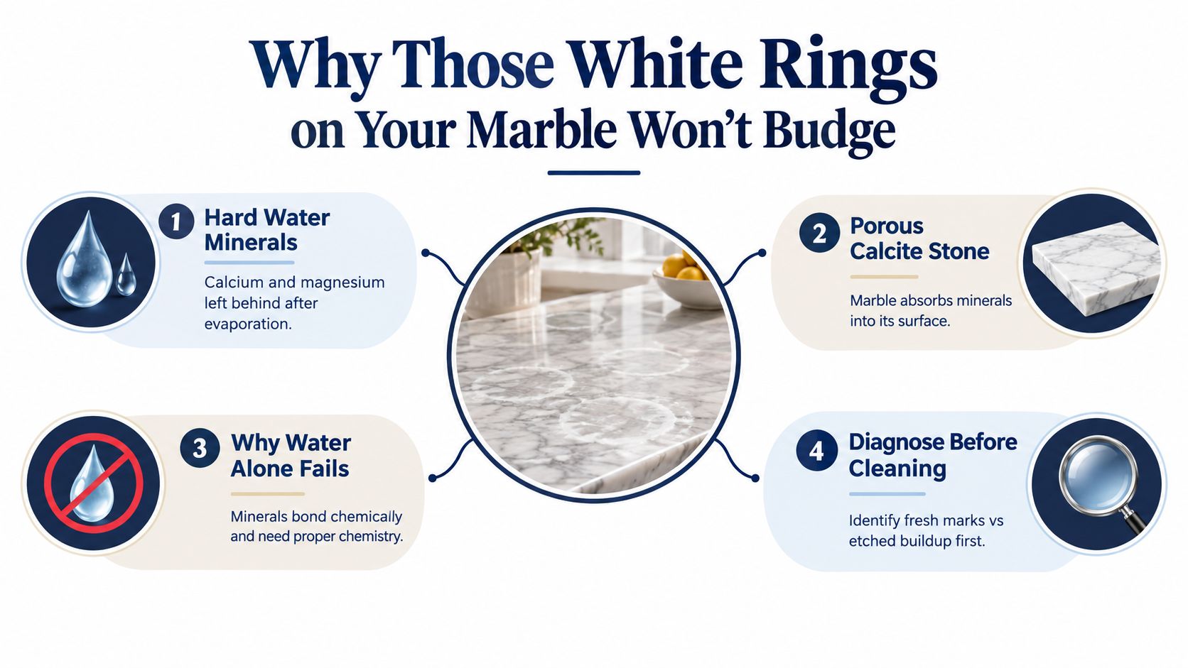 An infographic explaining the scientific reasons for persistent hard water rings on marble kitchen countertops.