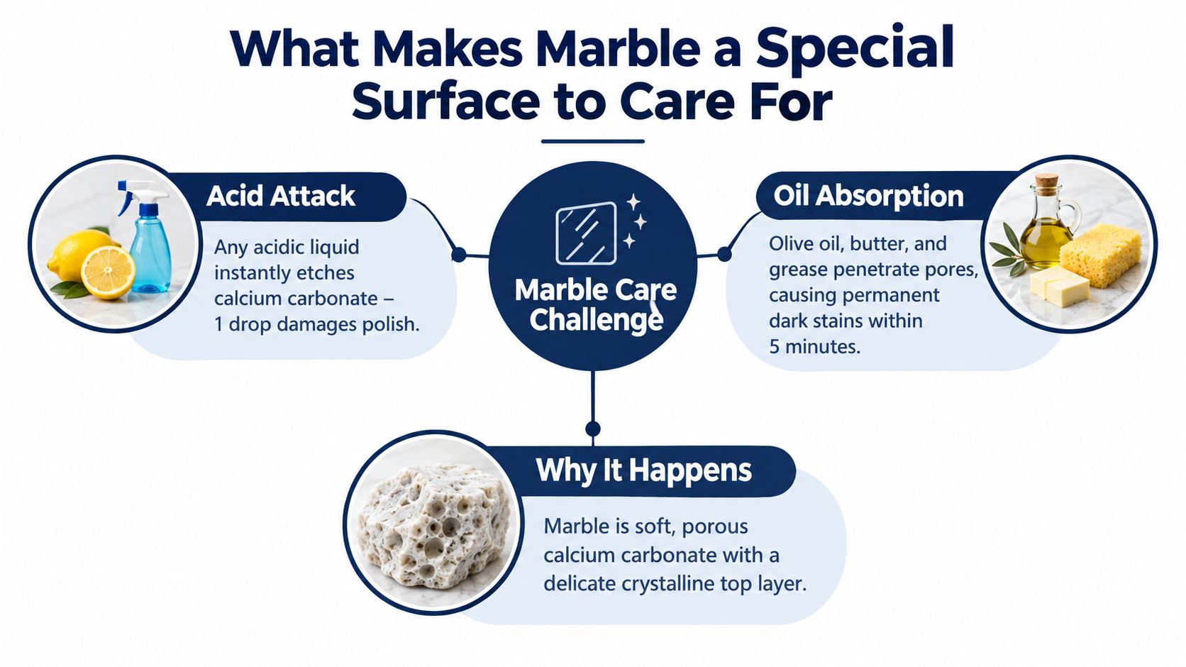 An infographic showing the challenges of maintaining marble surfaces, including acid attacks, oil absorption, and porous structure.