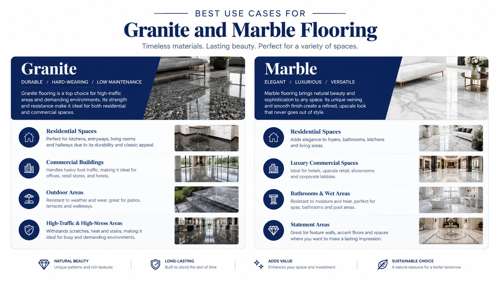 A comparative infographic outlining the best use cases for granite and marble flooring in residential and commercial spaces.