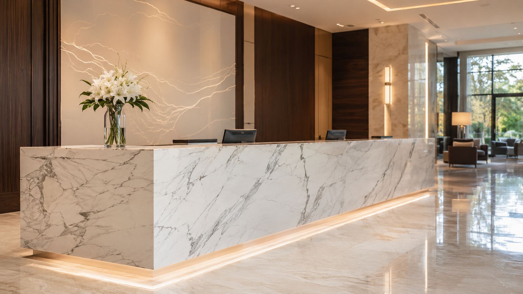 A modern luxury hotel lobby featuring a long white marble reception desk with under-cabinet lighting and flowers.