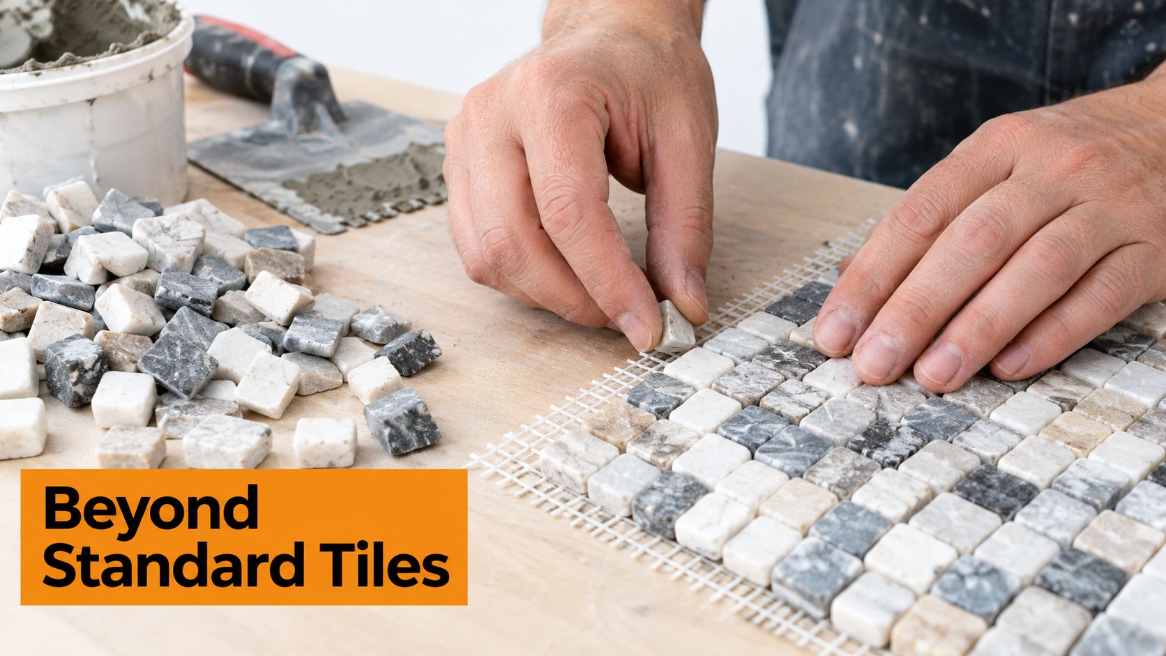 A close-up of a person carefully placing small square marble stone tiles onto a mesh backing.
