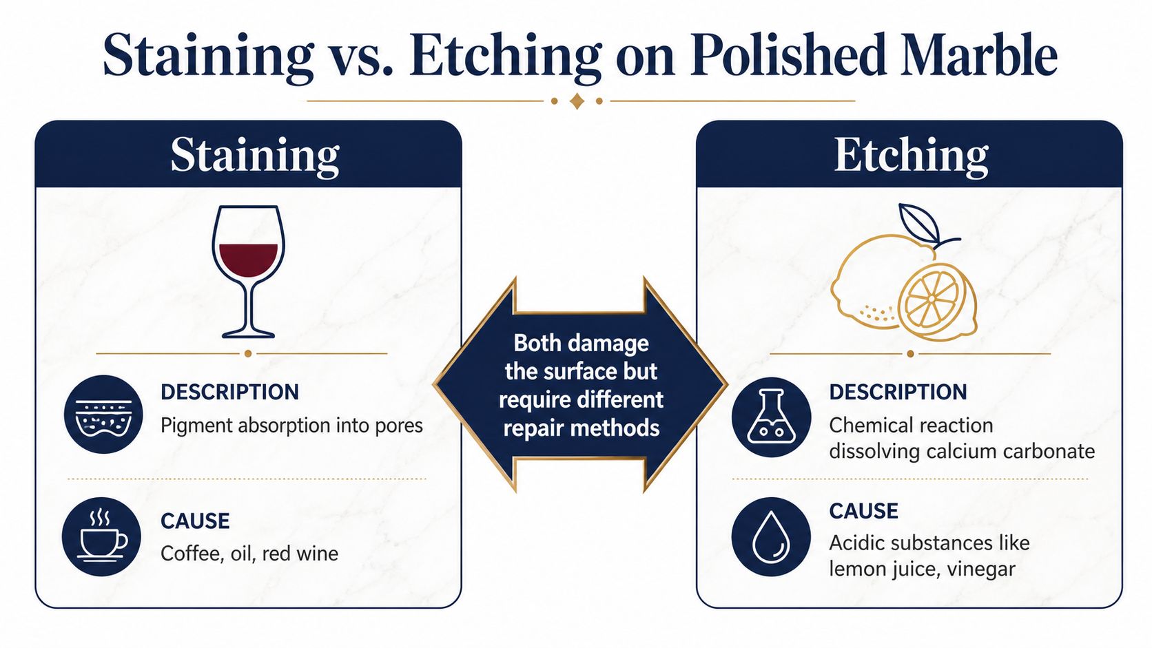 A comparison chart explaining the differences between staining and etching damage on polished marble surfaces.