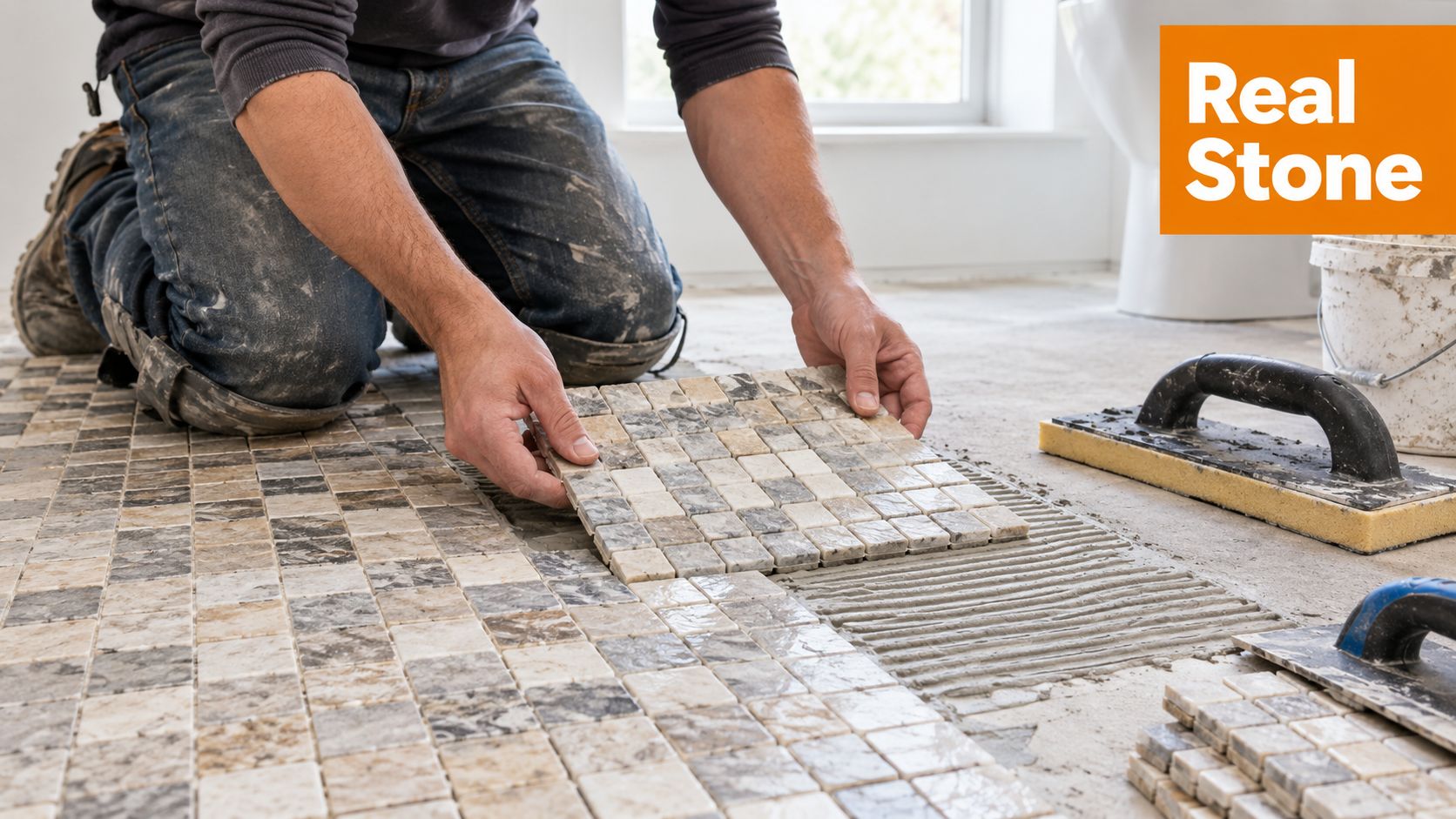 A professional flooring installer laying down natural stone mosaic tiles on a freshly mortared bathroom subfloor.