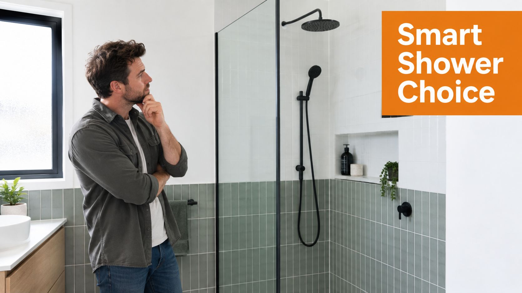 A man in a casual shirt thoughtfully contemplates a modern glass shower screen in a bathroom.